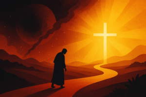 A man walking towards the cross representing the meaning of justification in Christian theology