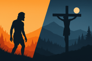 Silhouettes of Adam and Jesus in a split landscape illustrating that Jesus is the last Adam