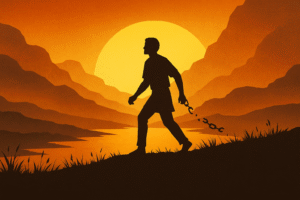 A silhouetted figure walks forward on a hillside at sunset with broken chains falling from their wrist, symbolizing freedom from condemnation and spiritual restoration.