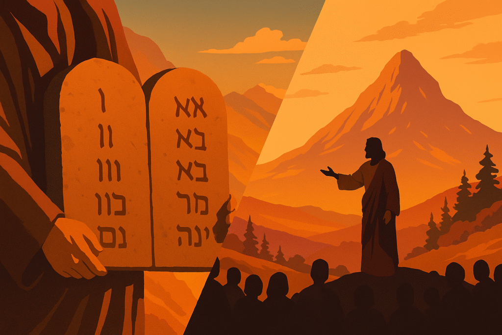 Illustration showing Moses holding the Ten Commandments and Jesus teaching the Sermon on the Mount, symbolizing what fulfillment means in the Bible