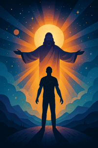 Silhouette of a person illuminated by divine light symbolizing being in Christ