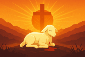 An illustrated sacrificial lamb lying with a wound near a cross at sunset, symbolizing the meaning of atonement