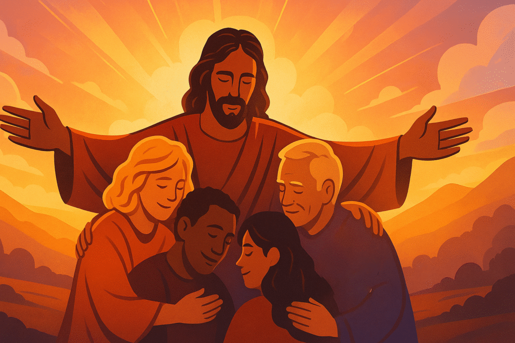 Jesus with arms around family hugging