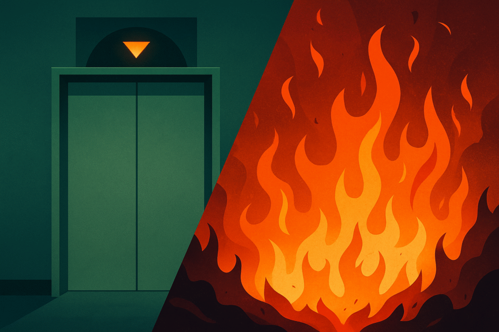 A stylized severance elevator door with a downward triangle, split diagonally with raging flames on the right—minimalist and atmospheric, evoking descent and torment.